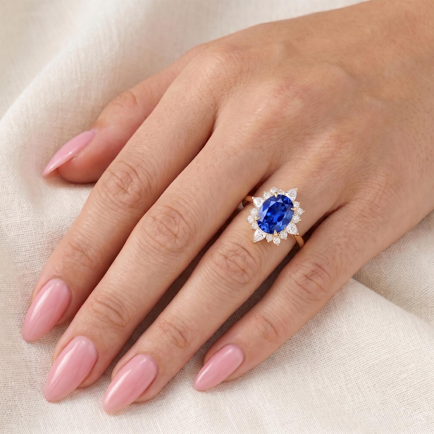 Oval Cut Halo Blue Sapphire Engagement Ring