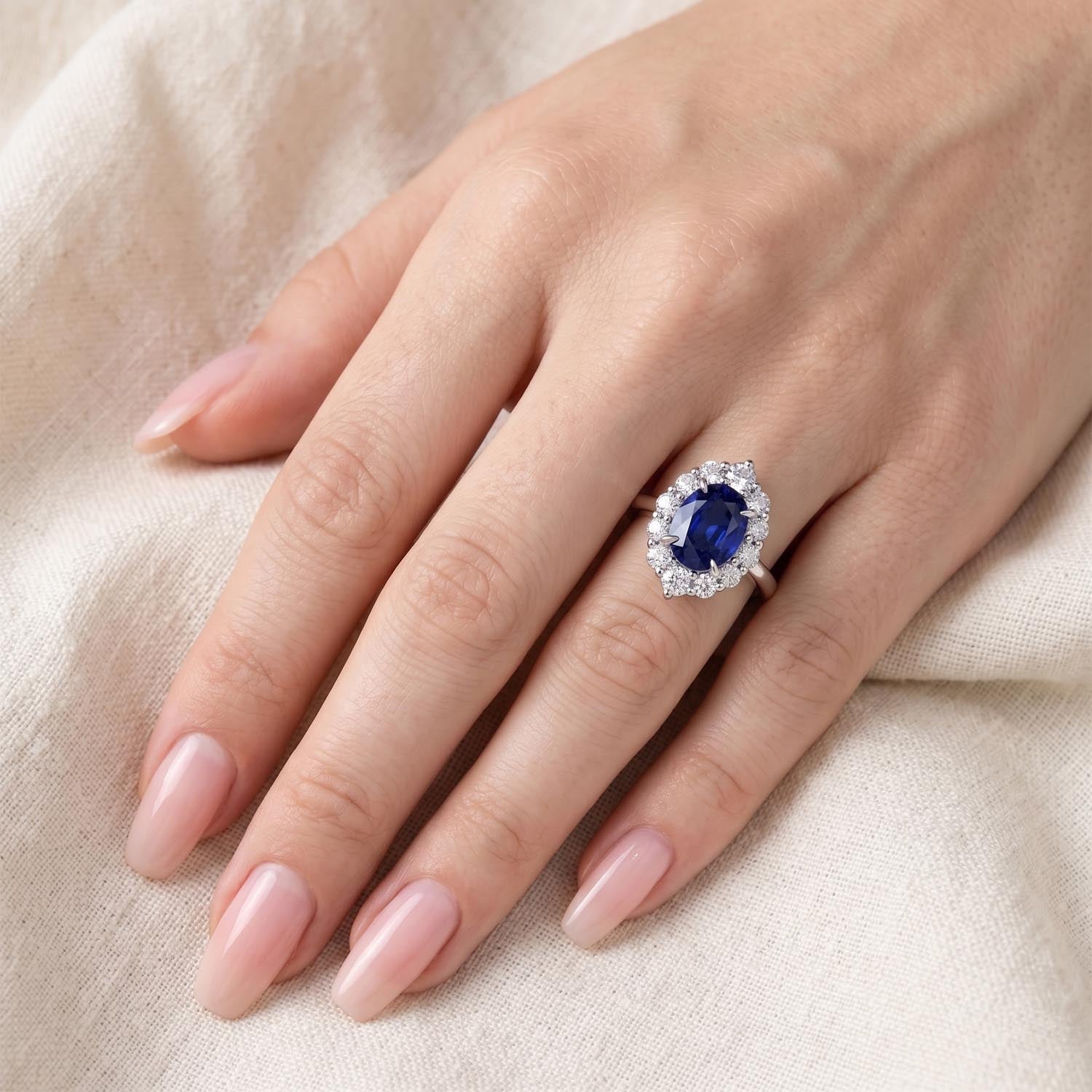 Oval Cut Halo Blue Sapphire Engagement Ring