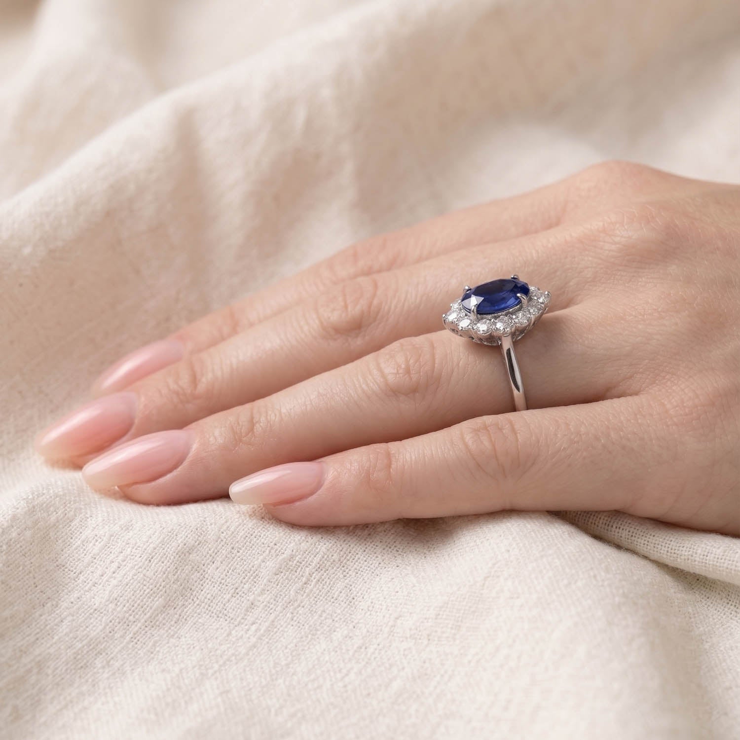 Oval Cut Halo Blue Sapphire Engagement Ring