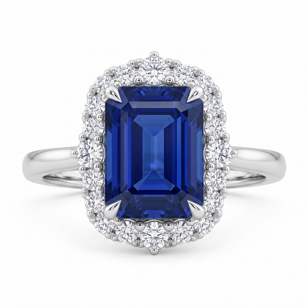 Emerald Cut Halo Blue Sapphire Engagement Ring - Featured Image