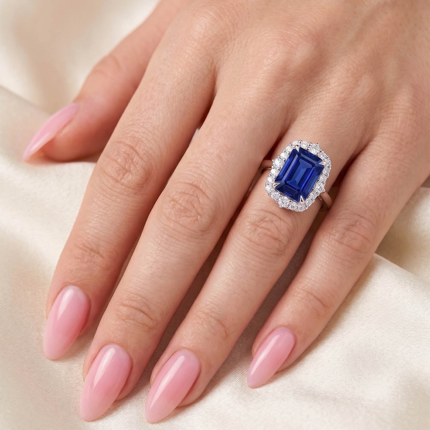 Emerald Cut Halo Blue Sapphire Engagement Ring