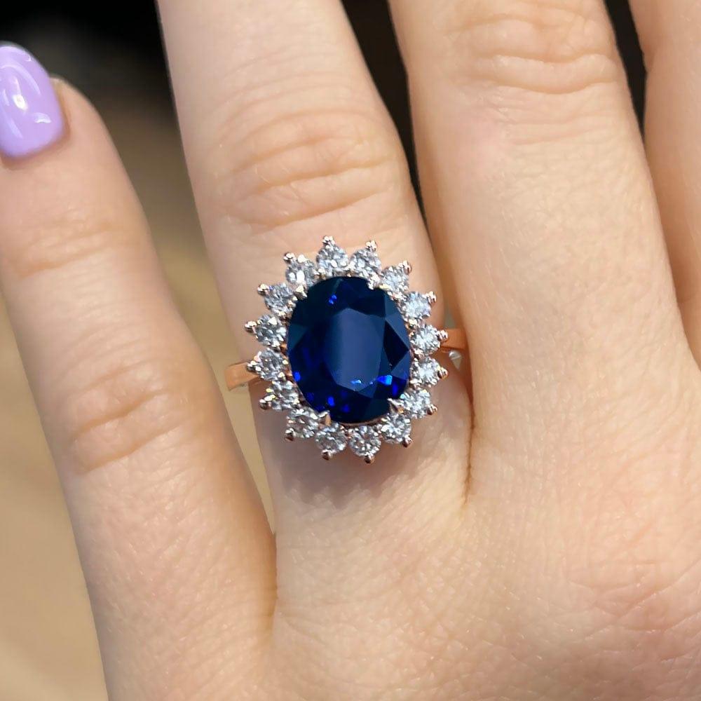 6 Carat Oval Shape Diana Halo Blue Sapphire Engagement Ring