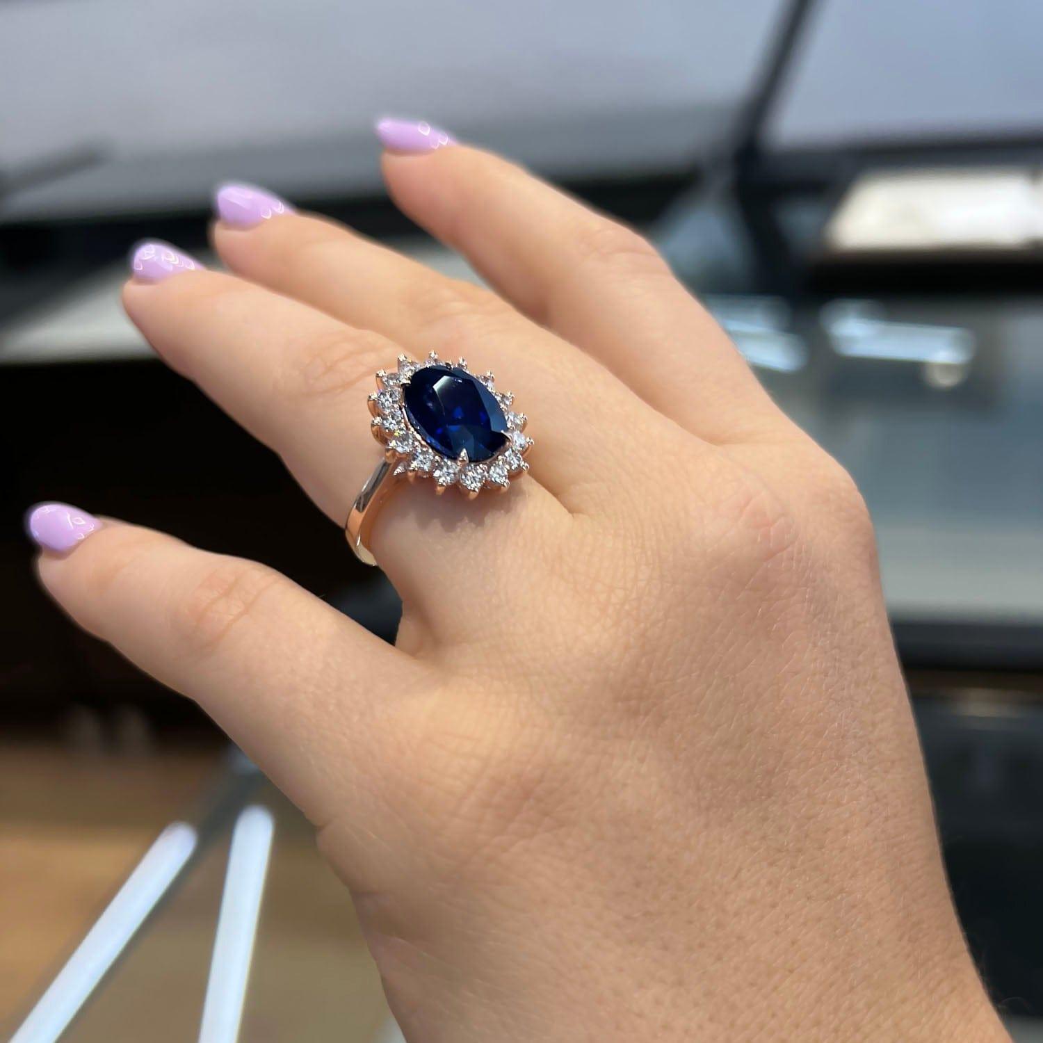 6 Carat Oval Shape Diana Halo Blue Sapphire Engagement Ring