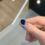 6 Carat Oval Shape Diana Halo Blue Sapphire Engagement Ring