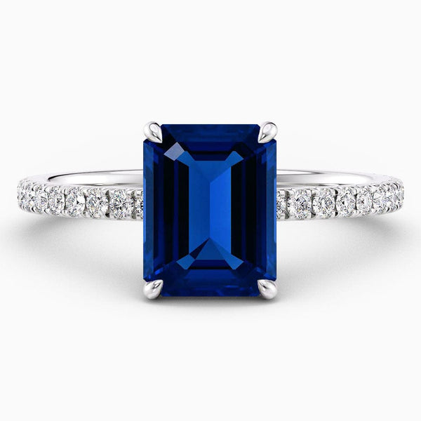 4.50 Carat Emerald Shape Hidden Halo Blue Sapphire Engagement Ring