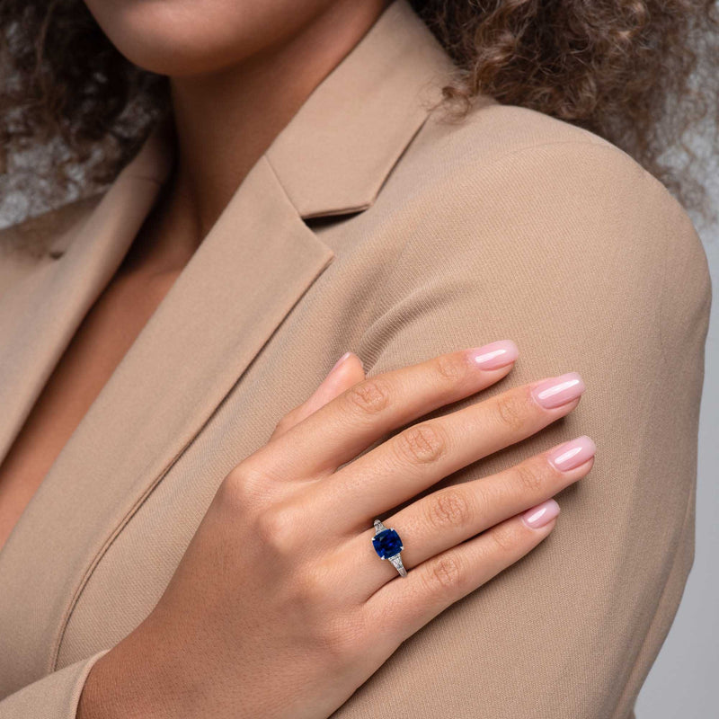 3.50 Carat Cushion Shape Unique Three Stone Blue Sapphire Engagement Ring