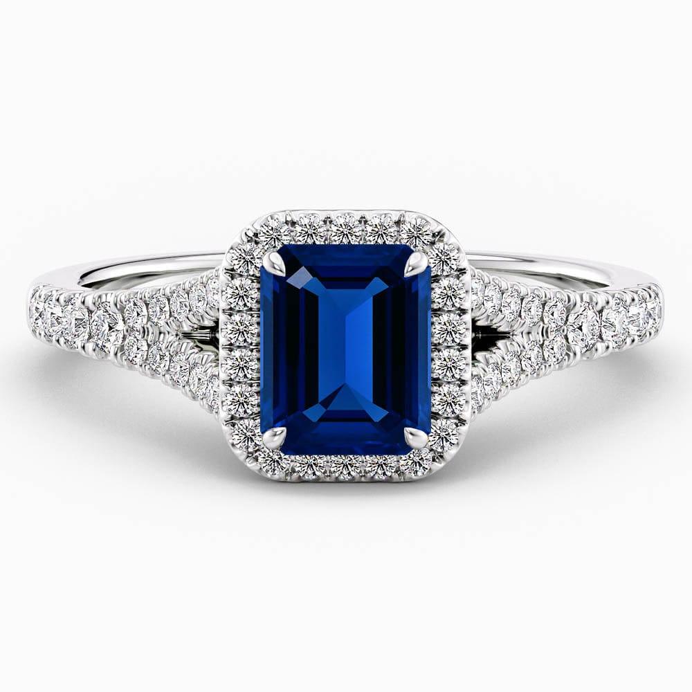 1.90 Carat Emerald Shape Halo Blue Sapphire Engagement Ring