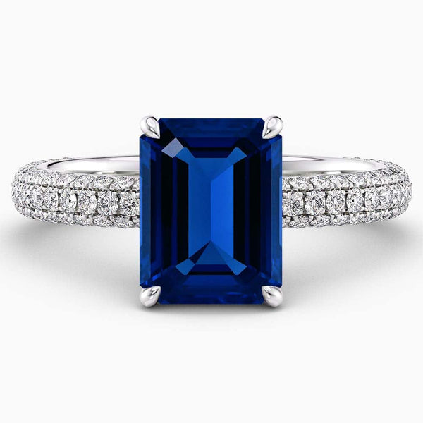 Emerald Cut Hidden Halo Blue Sapphire Engagement Ring