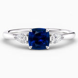 Cushion Cut Blue Sapphire Three Stone Engagement Ring