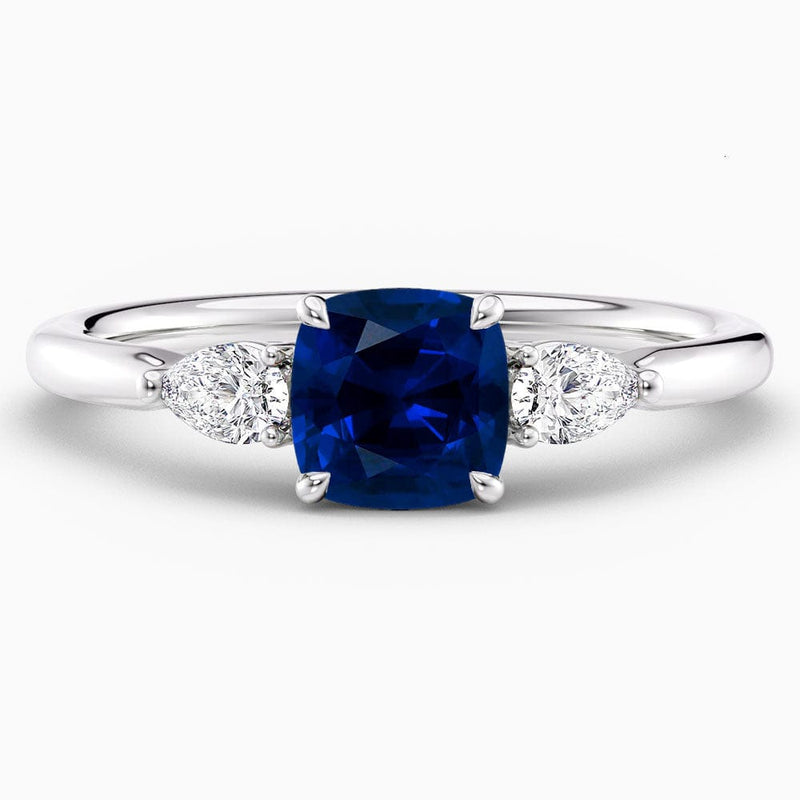 Cushion Cut Blue Sapphire Three Stone Engagement Ring
