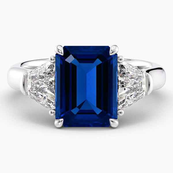6 Carat Emerald Shape Three Stone Blue Sapphire Engagement Ring