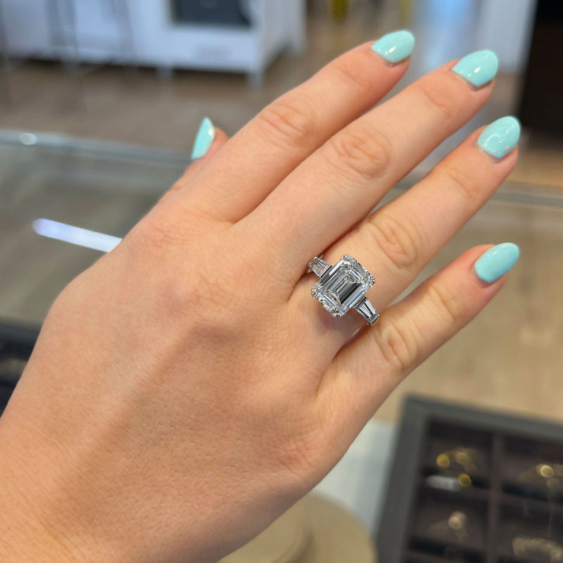 4.15 Carat Emerald Shape Three Stone Moissanite Engagement Ring