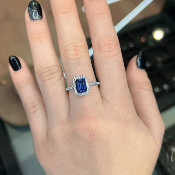 2.40 Carat Emerald Shape Halo Blue Sapphire Engagement Ring
