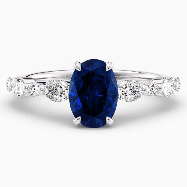 2 Carat Oval Shape Shared Prong Blue Sapphire Engagement Ring