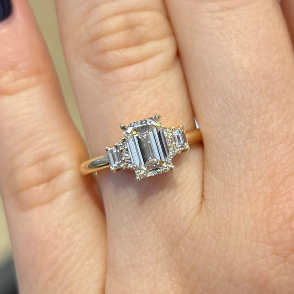 2 Carat Emerald Shape Three Stone Moissanite Engagement Ring