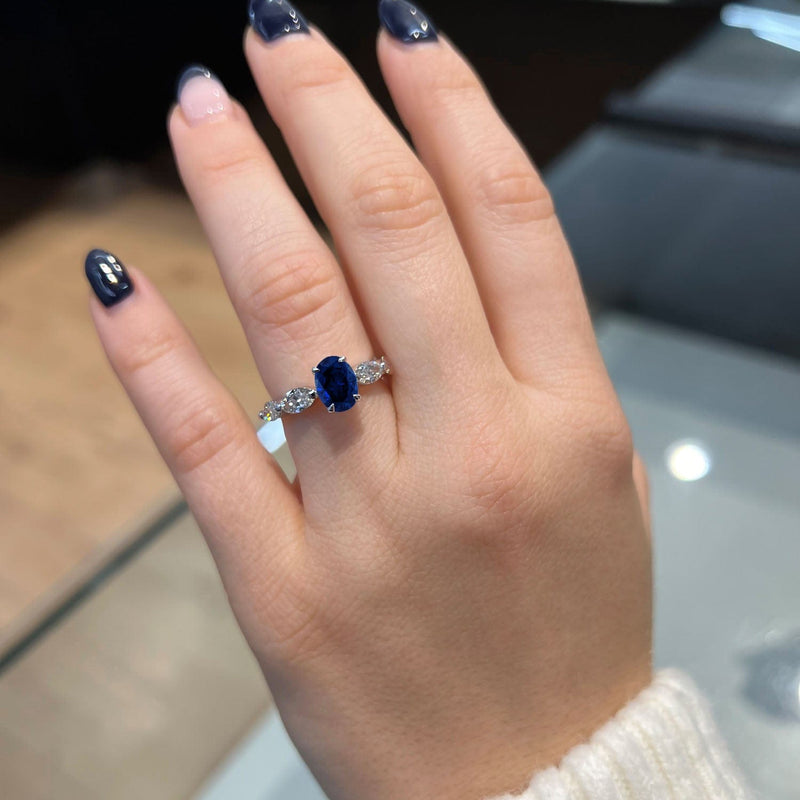Oval Cut Blue Sapphire Shared Prong Engagement Ring