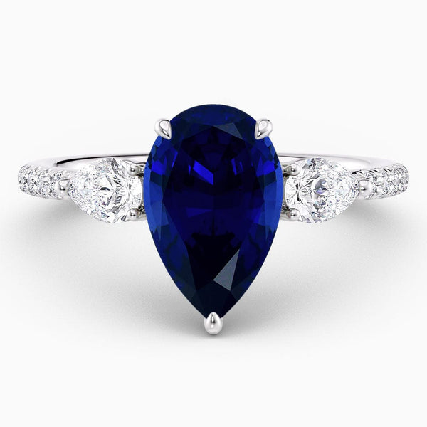 Pear Cut Blue Sapphire Three Stone Engagement Ring