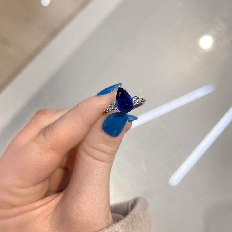 3.50 Carat Pear Shape Three Stone Blue Sapphire Engagement Ring